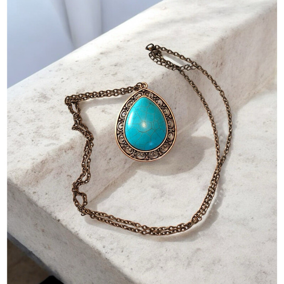 Copper & Faux Turquoise Necklace Southwestern Dyed Howlite Teardrop Pendant - Picture 1 of 8